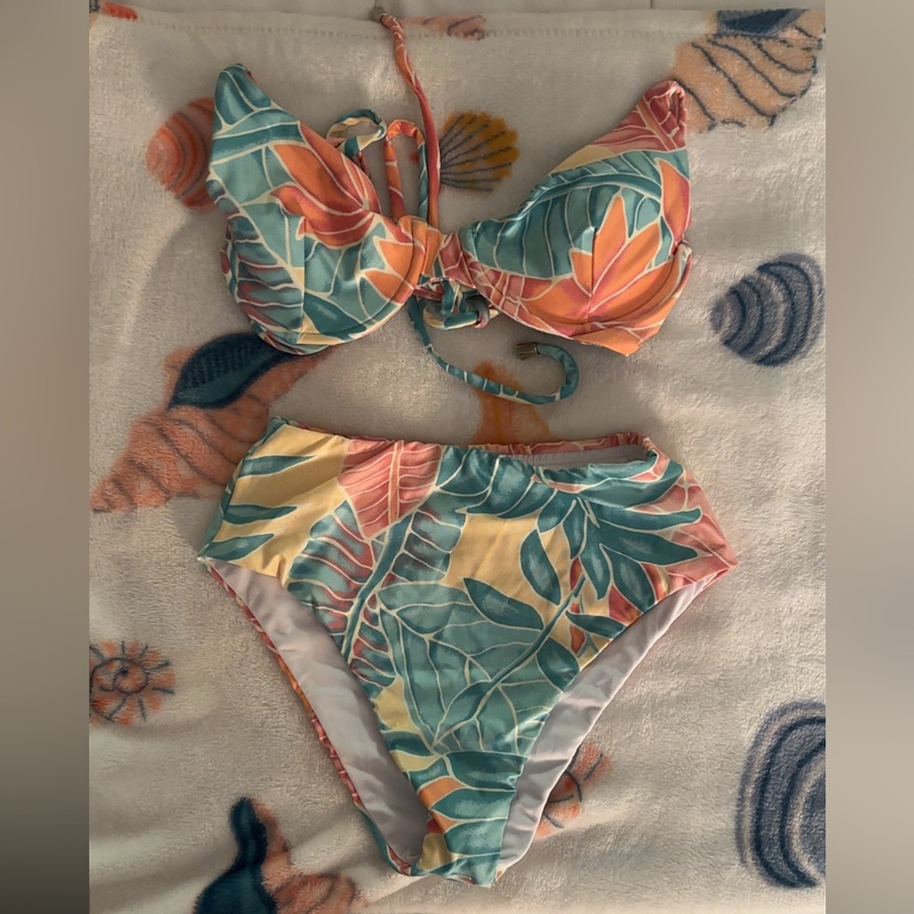 High-Waist Tropical Leaf Bikini Set - Teal, Coral & Yellow